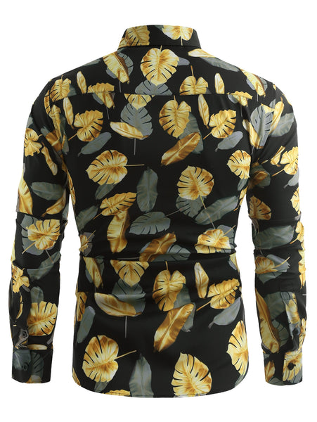 Allover Golden Leaves Print Casual Shirt