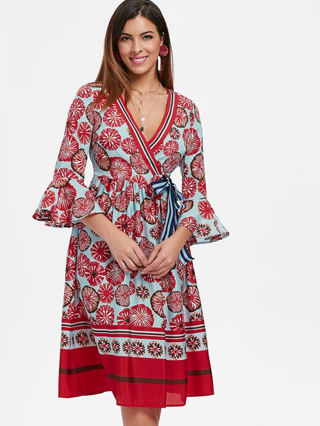 Flare Sleeve Printed Midi A Line Dress
