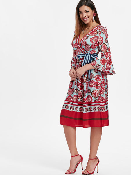 Flare Sleeve Printed Midi A Line Dress