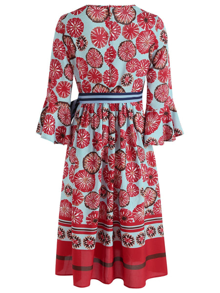 Flare Sleeve Printed Midi A Line Dress