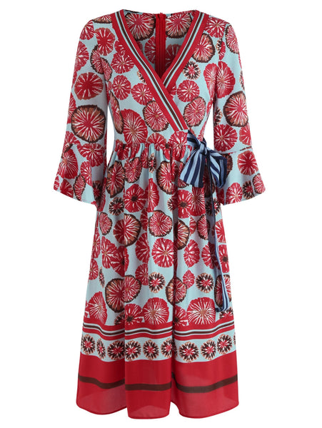 Flare Sleeve Printed Midi A Line Dress