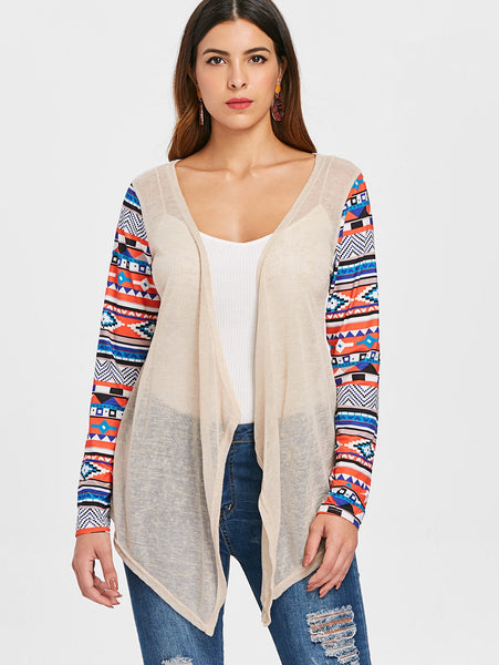 Printed Collarless Open Front Asymmetric Cardigan