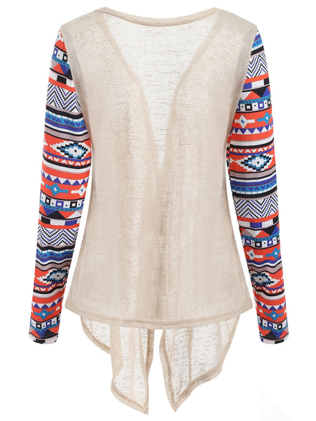 Printed Collarless Open Front Asymmetric Cardigan
