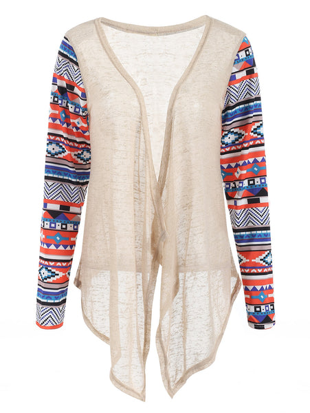 Printed Collarless Open Front Asymmetric Cardigan