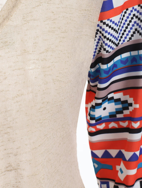 Printed Collarless Open Front Asymmetric Cardigan