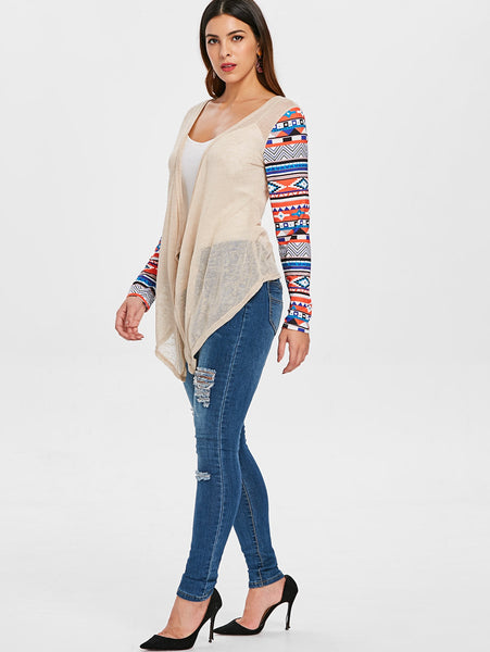 Printed Collarless Open Front Asymmetric Cardigan