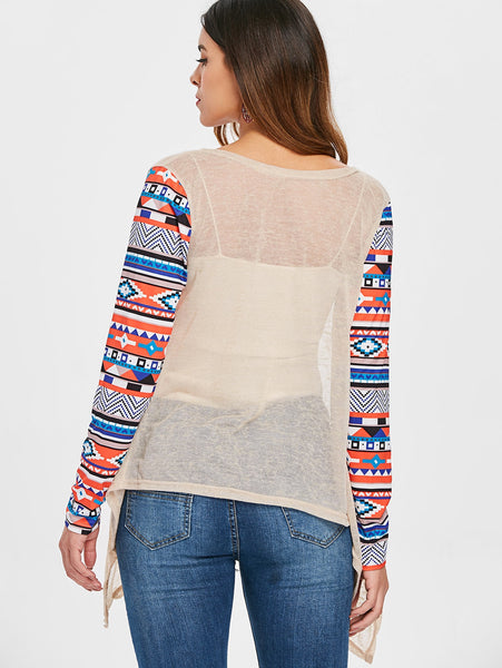 Printed Collarless Open Front Asymmetric Cardigan