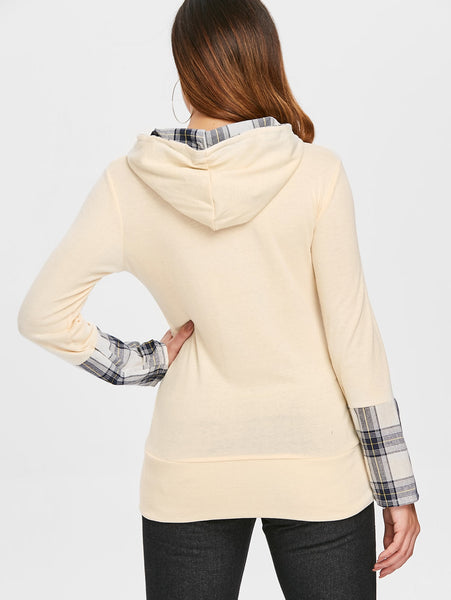Stylish Hooded Long Sleeve Spliced Plaid Women's Hoodie