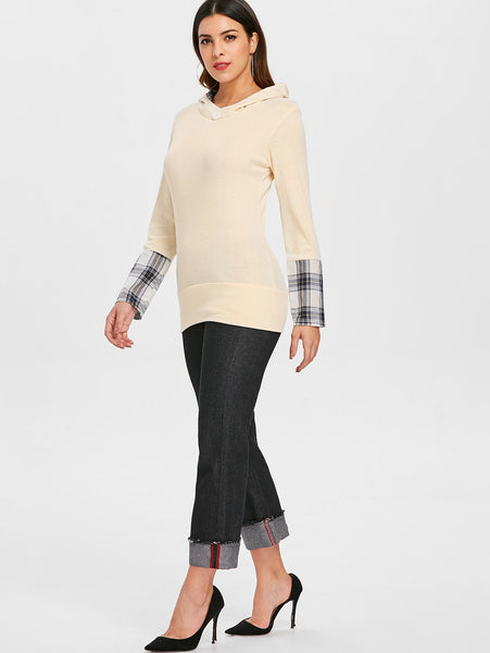 Stylish Hooded Long Sleeve Spliced Plaid Women's Hoodie