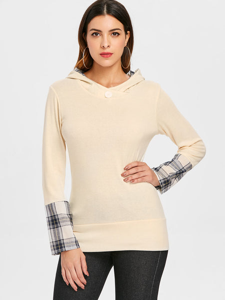 Stylish Hooded Long Sleeve Spliced Plaid Women's Hoodie
