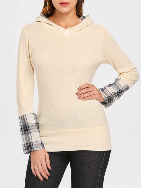 Stylish Hooded Long Sleeve Spliced Plaid Women's Hoodie