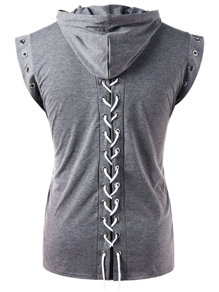 Drawstring Lace Up Solid Color Sleeveless Hoodie