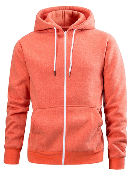 Pouch Pocket Solid Color Zip Up Hoodie