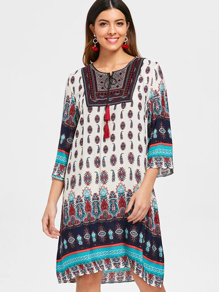 Printed Fringe Drawstring Bohemian Dress