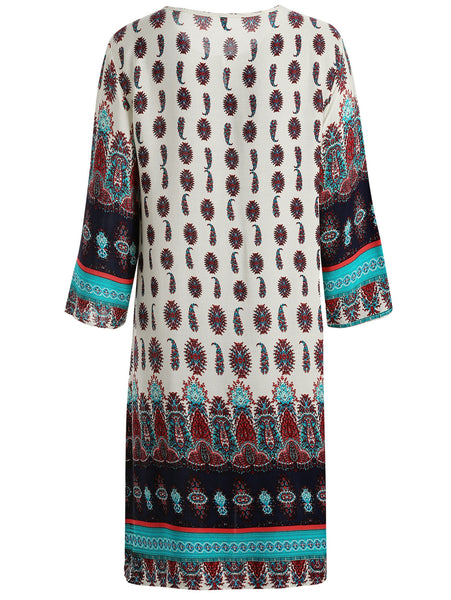 Printed Fringe Drawstring Bohemian Dress