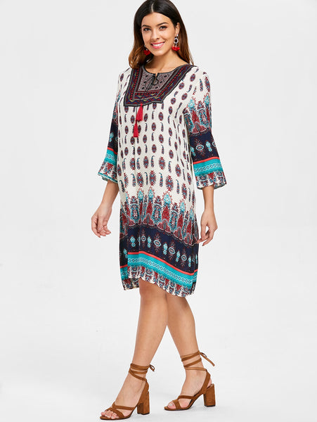 Printed Fringe Drawstring Bohemian Dress