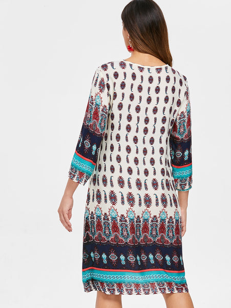 Printed Fringe Drawstring Bohemian Dress