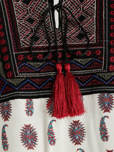 Printed Fringe Drawstring Bohemian Dress