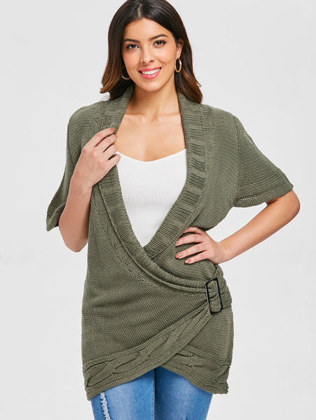 Shawl Collar Buckled Surplice Sweater Dress