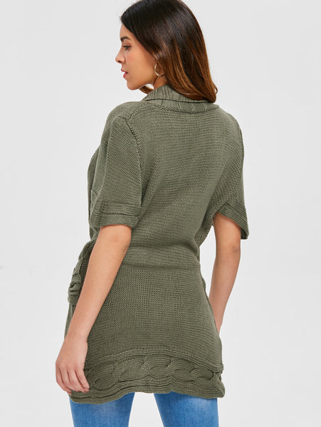 Shawl Collar Buckled Surplice Sweater Dress