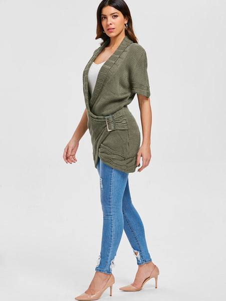 Shawl Collar Buckled Surplice Sweater Dress