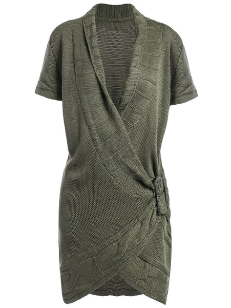 Shawl Collar Buckled Surplice Sweater Dress