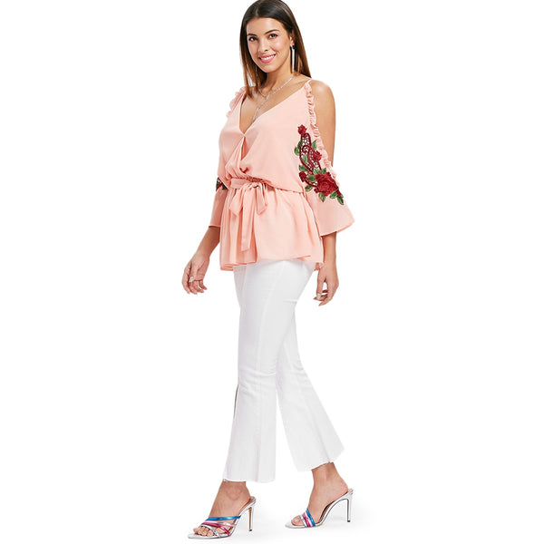 Cold Shoulder Embroidery Surplice Blouse