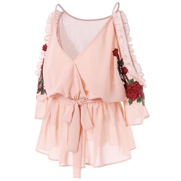 Cold Shoulder Embroidery Surplice Blouse