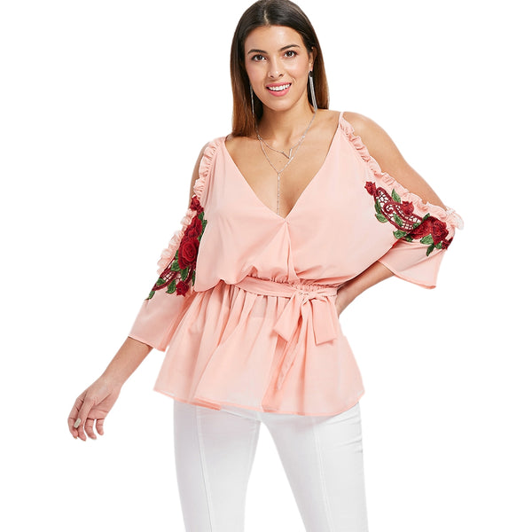 Cold Shoulder Embroidery Surplice Blouse
