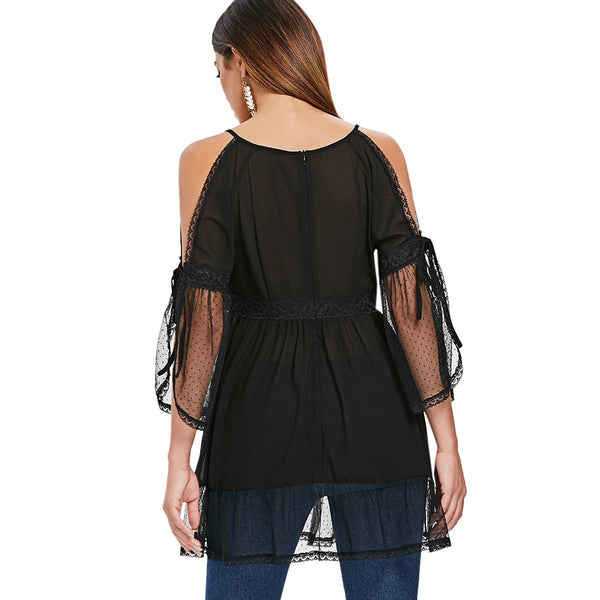 Cold Shoulder Lace Applique Flounce Blouse