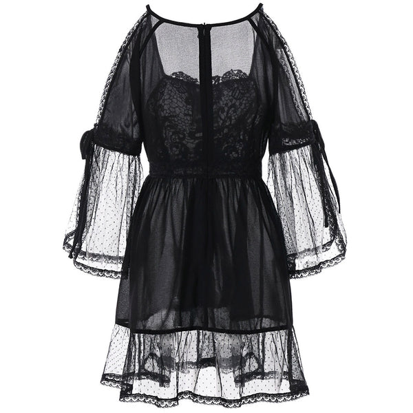 Cold Shoulder Lace Applique Flounce Blouse