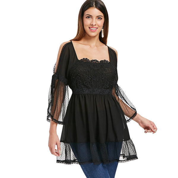 Cold Shoulder Lace Applique Flounce Blouse