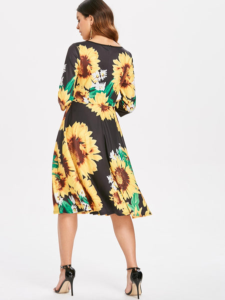 Sunflower Print Fit and Flare Dress