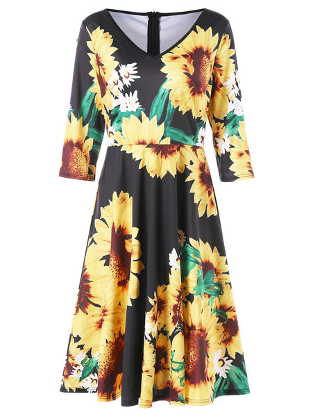 Sunflower Print Fit and Flare Dress