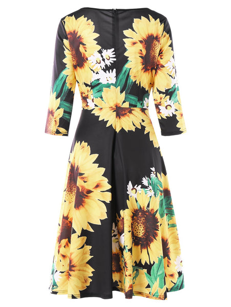 Sunflower Print Fit and Flare Dress