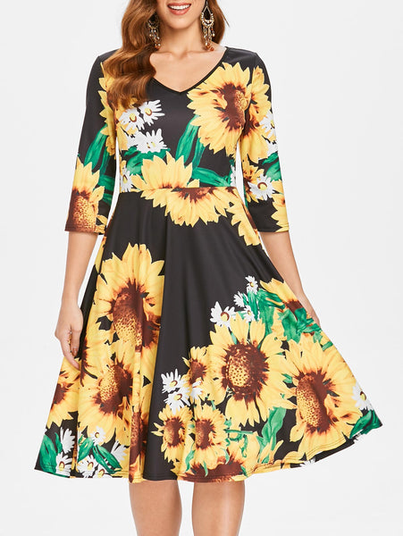 Sunflower Print Fit and Flare Dress