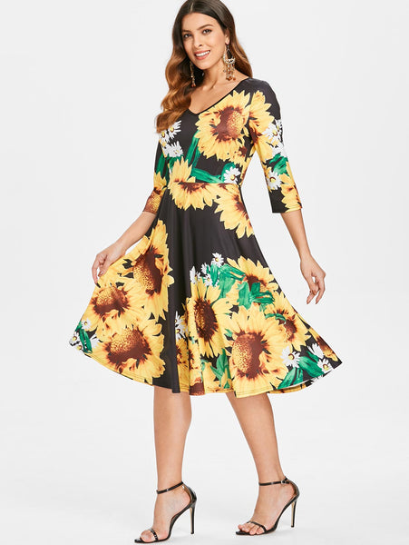 Sunflower Print Fit and Flare Dress