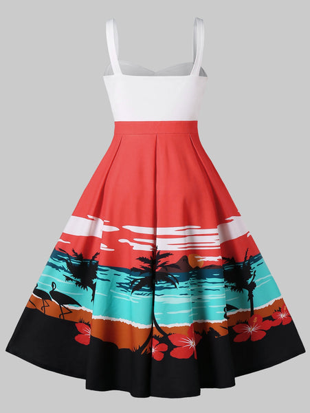 Sunset Beach Print Sleeveless Flared Dress