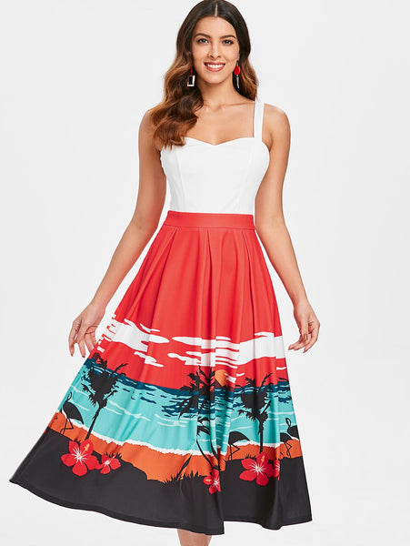 Sunset Beach Print Sleeveless Flared Dress