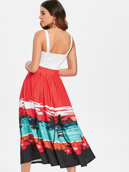 Sunset Beach Print Sleeveless Flared Dress