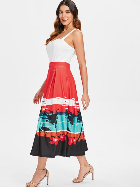 Sunset Beach Print Sleeveless Flared Dress
