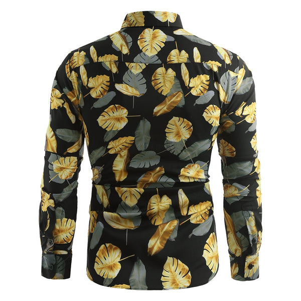 Allover Golden Leaves Print Casual Shirt
