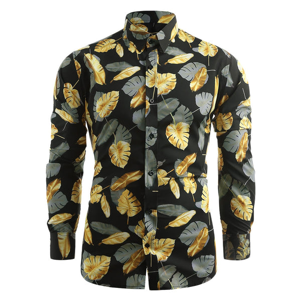 Allover Golden Leaves Print Casual Shirt