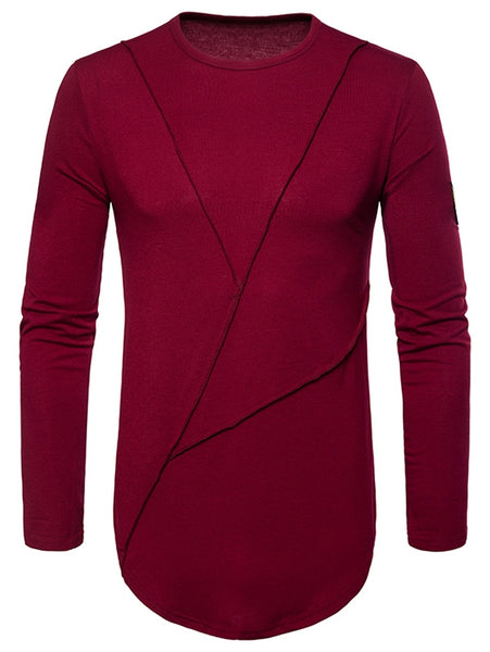 Solid Seam Design Sleeve Applique Hem Curved T-shirt