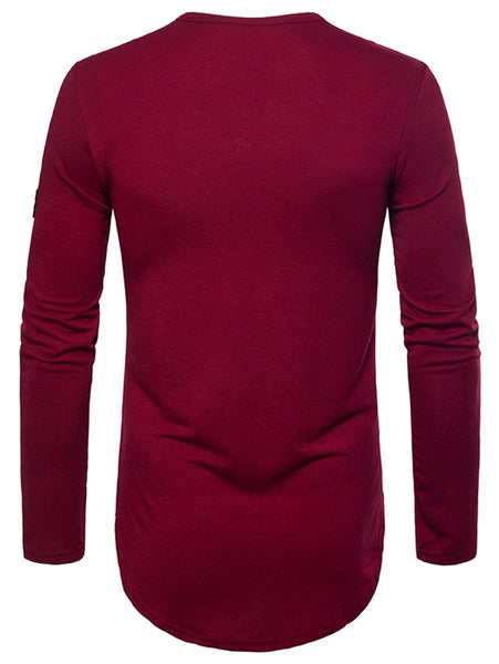 Solid Seam Design Sleeve Applique Hem Curved T-shirt