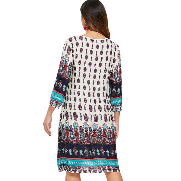 Printed Fringe Drawstring Bohemian Dress