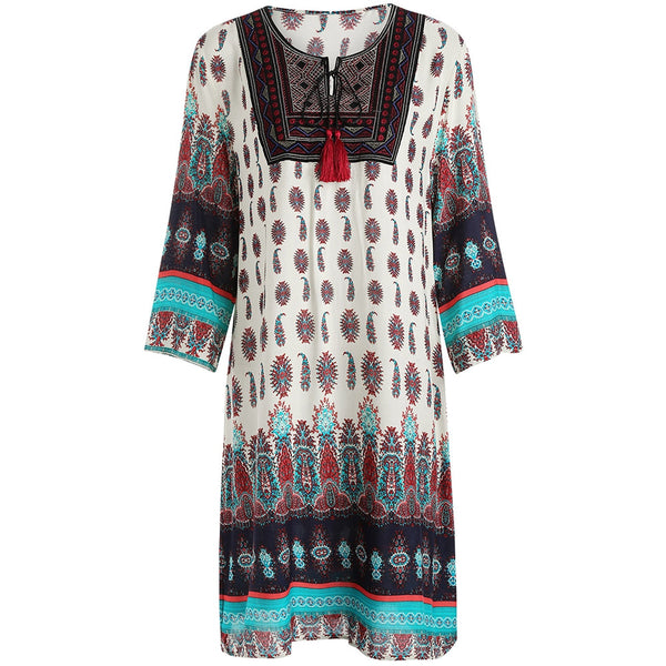 Printed Fringe Drawstring Bohemian Dress