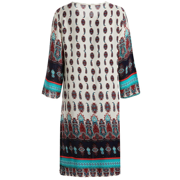 Printed Fringe Drawstring Bohemian Dress