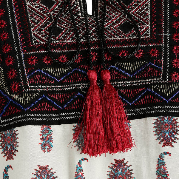 Printed Fringe Drawstring Bohemian Dress