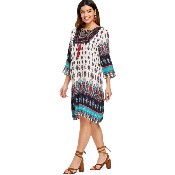 Printed Fringe Drawstring Bohemian Dress